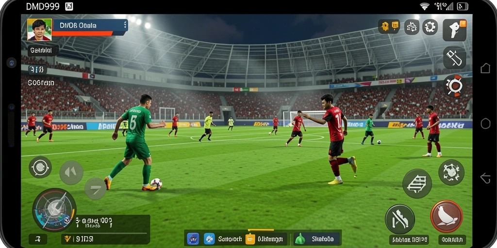 Tampilan gameplay dinamis dalam DMD999 dengan aksi sepak bola yang menarik.